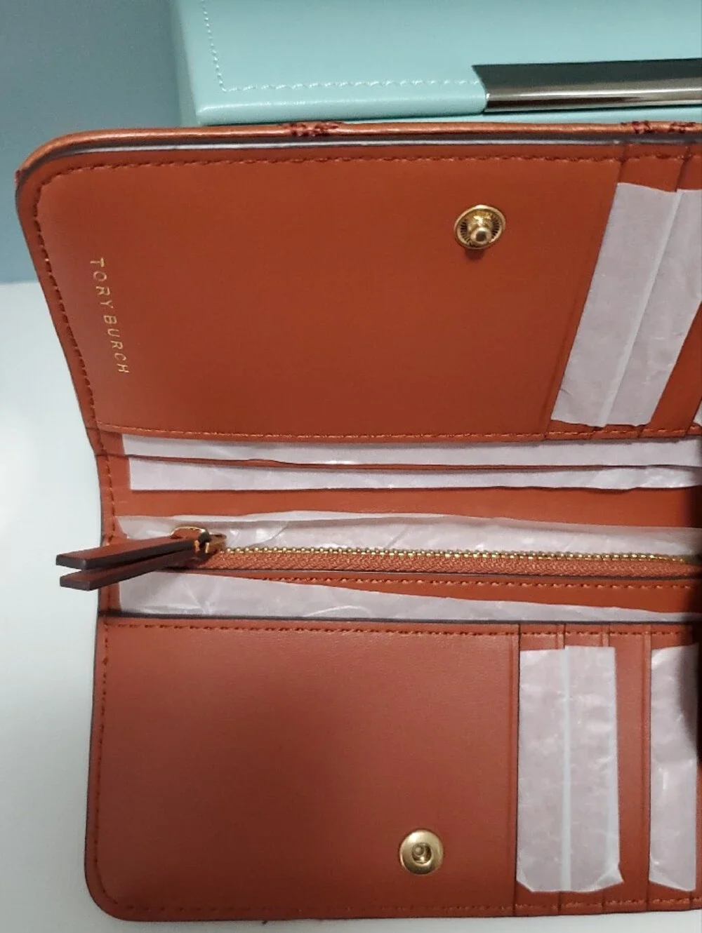 Tory Burch Quilted Cognac Leather Wallet with Gold Logo